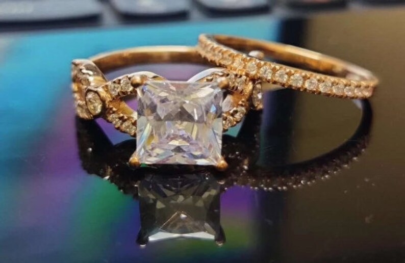 Bridal Ring Set — Art Deco Princess Cut Cluster Moissanite, Rose Gold Finish, 925 Sterling Silver (2-Piece)