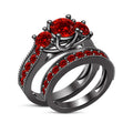 Bridal Ring Set — Red Garnet Round Cut, Black Gold Finish, 925 Sterling Silver (2-Piece)
