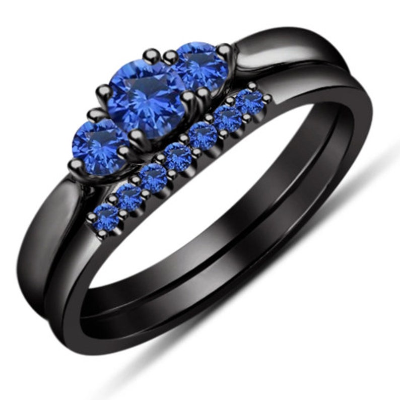 Bridal Ring Set — Sapphire Gemstone, Black Gold Finish, 925 Sterling Silver (2-Piece)