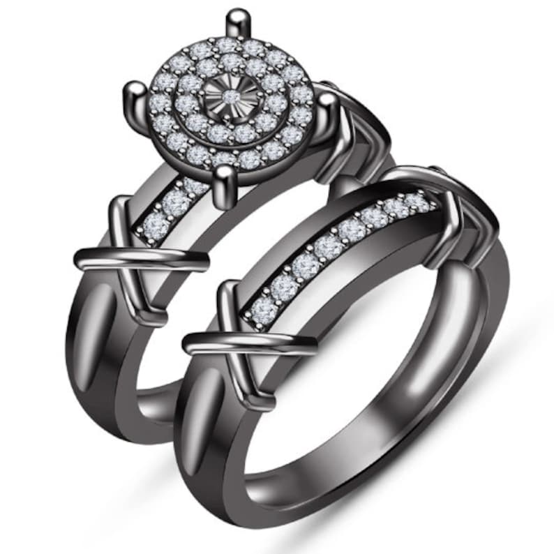 Bridal Ring Set — Round Cut White Diamond, Black Gold Finish, 925 Sterling Silver (2-Piece)