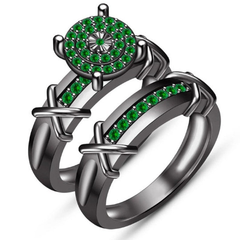 Bridal Ring Set — Round Cut White Diamond, Black Gold Finish, 925 Sterling Silver (2-Piece)