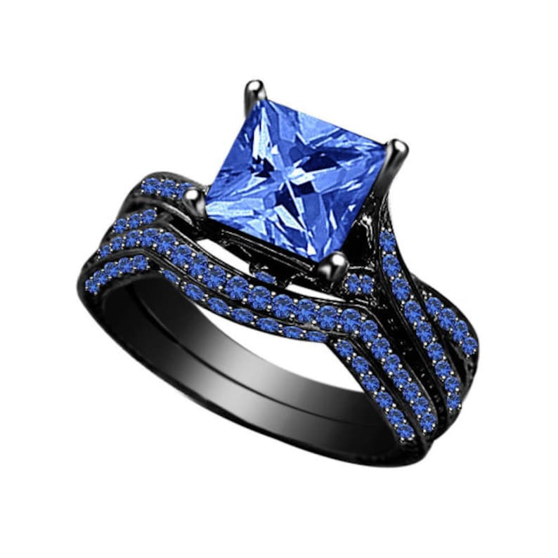 Bridal Ring Set — Princess Cut Blue Sapphire, Black Gold Finish, 925 Sterling Silver (2-Piece)