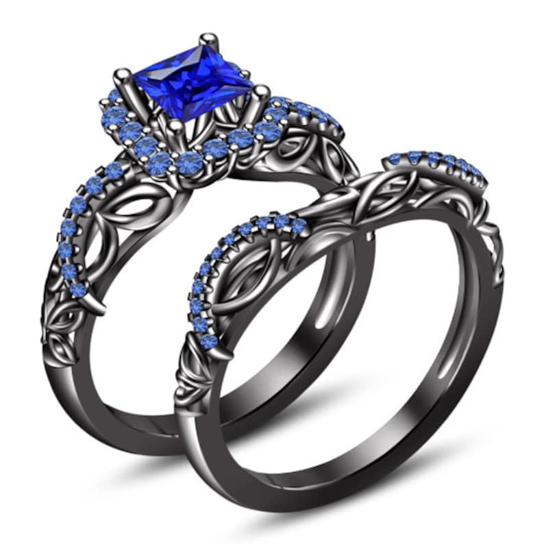 Bridal Ring Set — Princess Cut Blue Sapphire, Yellow Gold Finish, 925 Sterling Silver (2-Piece)