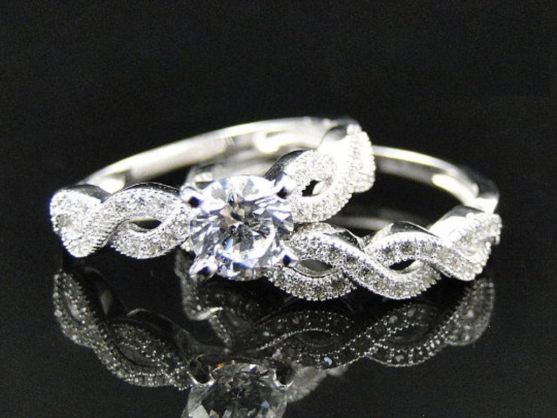 Bridal Ring Set — Twisted Braided Moissanite, White Gold Finish, 925 Sterling Silver (2-Piece)