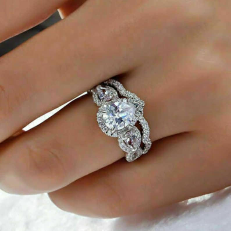 Bridal Ring Set — Pear & Round Cut Diamond, White Gold Finish, 925 Sterling Silver (2-Piece)