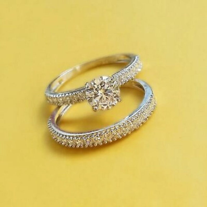 Bridal Ring Set — Round Cut Moissanite Wedding Band, White Gold Finish, 925 Sterling Silver (2-Piece)