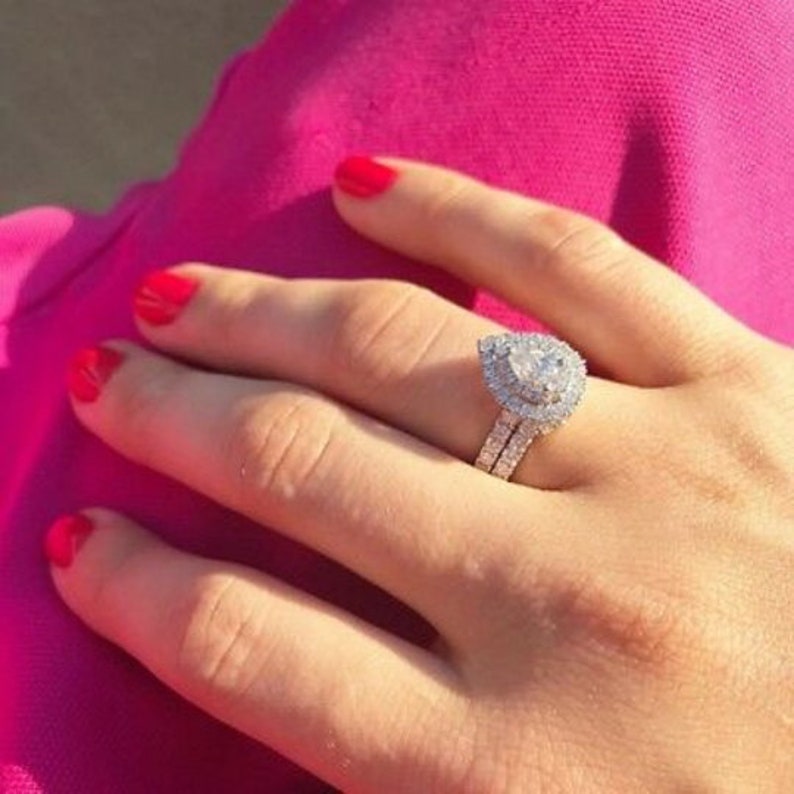 Bridal Ring Set — Pear Drop Diamond Halo, White Gold Finish, 925 Sterling Silver (2-Piece)