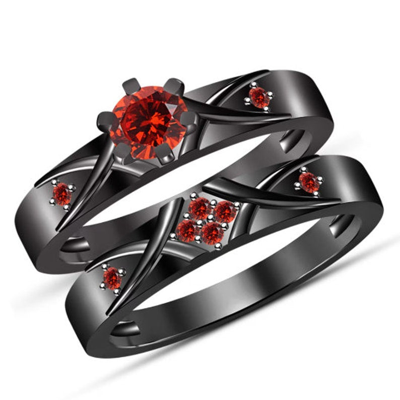 Bridal Ring Set — Red Garnet Curved Band, Black Gold Finish, 925 Sterling Silver (2-Piece)