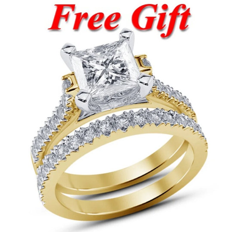 Bridal Ring Set — Princess Cut Moissanite, Yellow Gold Finish, 925 Sterling Silver (2-Piece)