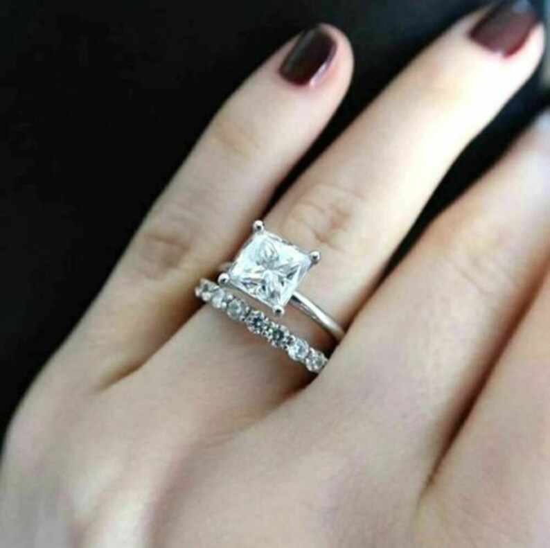 Bridal Ring Set — Princess Cut Solitaire Moissanite, White Gold Finish, 925 Sterling Silver (2-Piece)