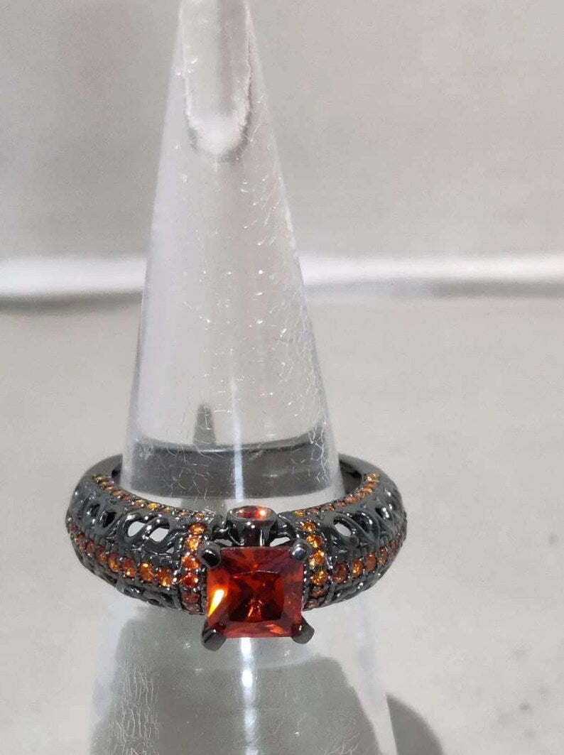 Bridal Ring Set — Princess Cut Orange Sapphire, Black Gold Finish, 925 Sterling Silver (2-Piece)