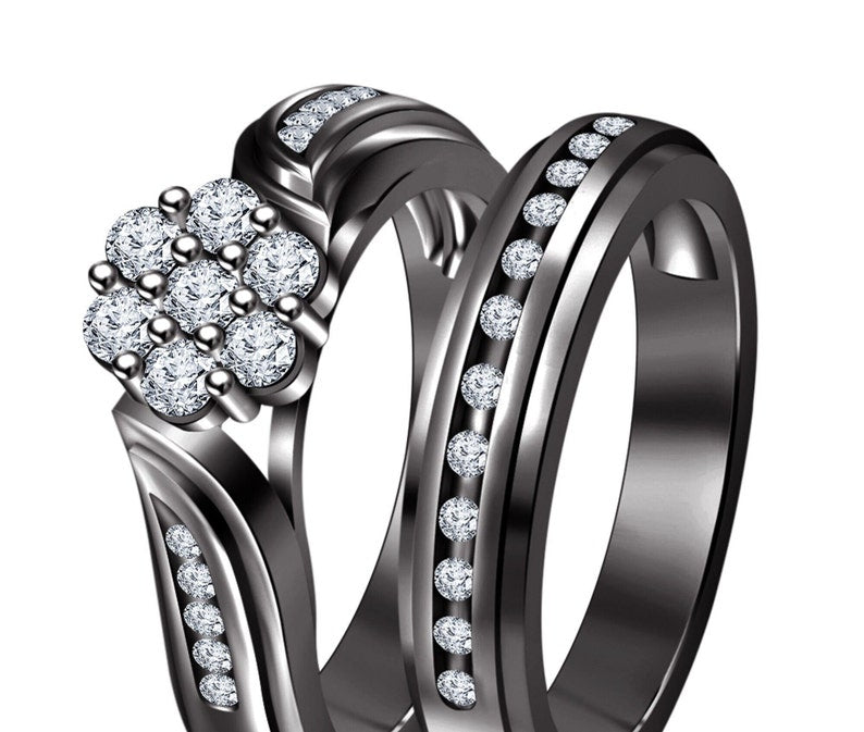 Bridal Ring Set — Round Cut Diamond, Black Gold Finish, 925 Sterling Silver (2-Piece)
