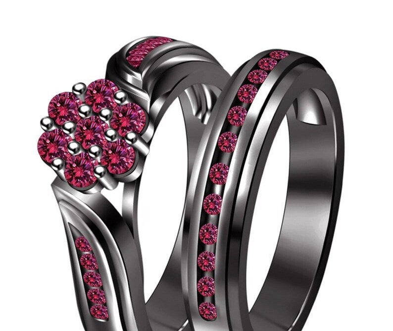 Bridal Ring Set — Round Cut Diamond, Black Gold Finish, 925 Sterling Silver (2-Piece)