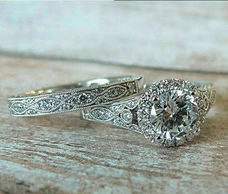 Bridal Ring Set — Round Cut Moissanite, White Gold Finish, 925 Sterling Silver (2-Piece)