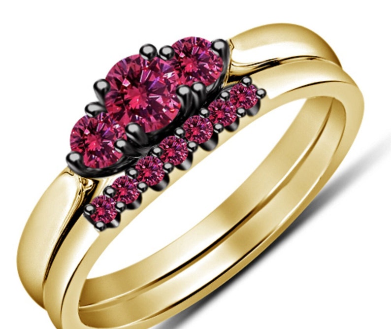 Bridal Ring Set — Round Cut Red Sapphire, Yellow Gold Finish, 925 Sterling Silver (2-Piece)