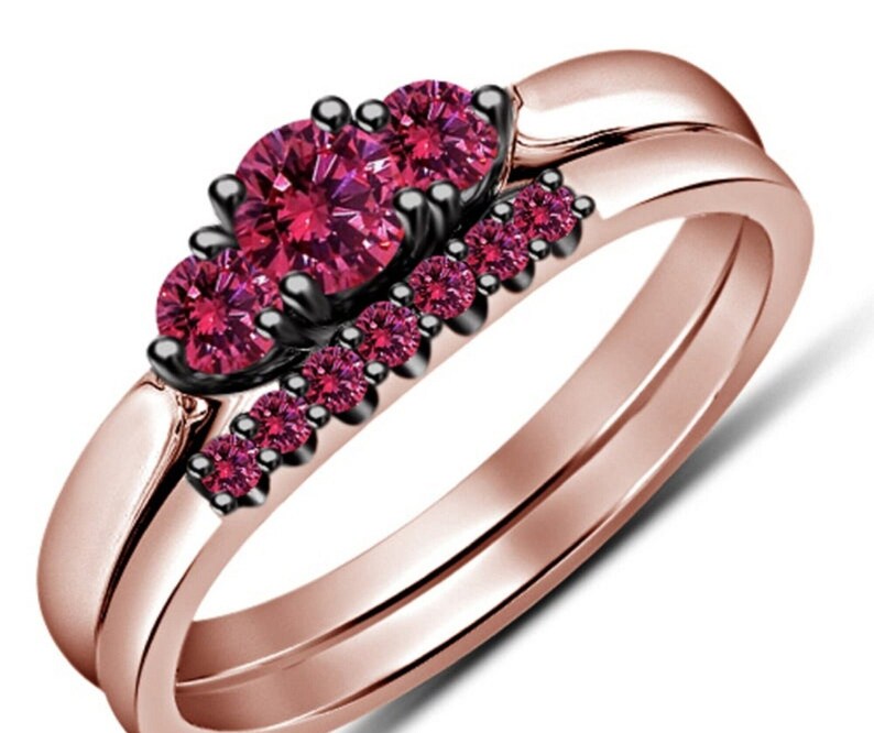Bridal Ring Set — Round Cut Red Sapphire, Yellow Gold Finish, 925 Sterling Silver (2-Piece)
