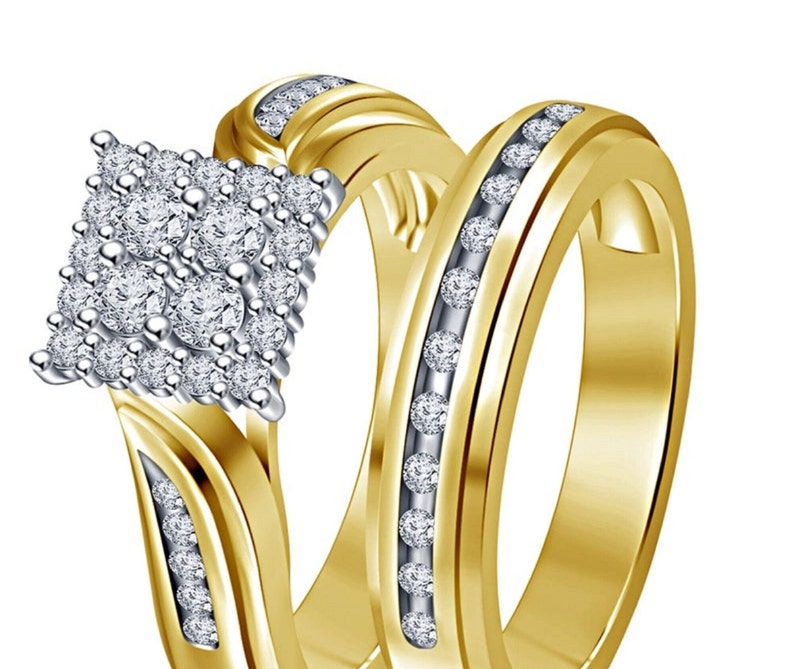 Bridal Ring Set — White Moissanite, Yellow Gold Finish, 925 Sterling Silver (2-Piece)