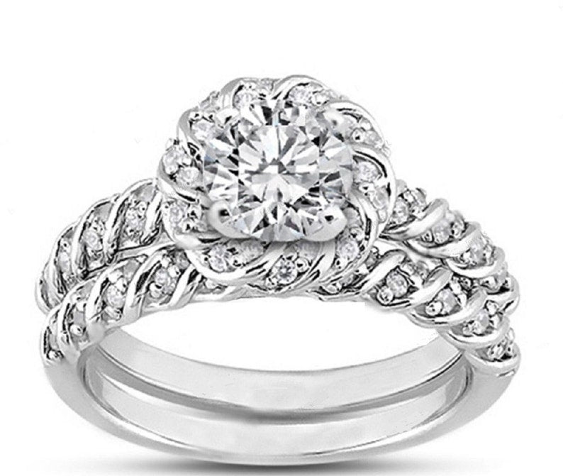 Bridal Ring Set — Round Flower Moissanite, White Gold Finish, 925 Sterling Silver (2-Piece)