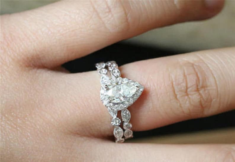 Bridal Ring Set — Round & Pear Moissanite Halo, White Gold Finish, 925 Sterling Silver (2-Piece)