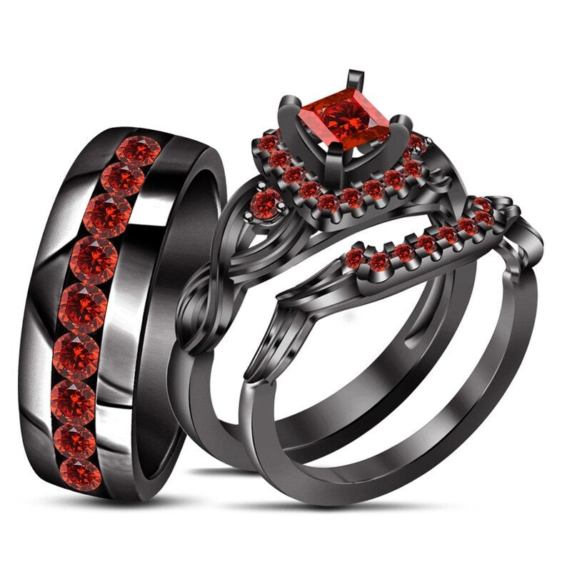 Bridal Trio Ring Set — Red Garnet, Black Gold Finish - view 1