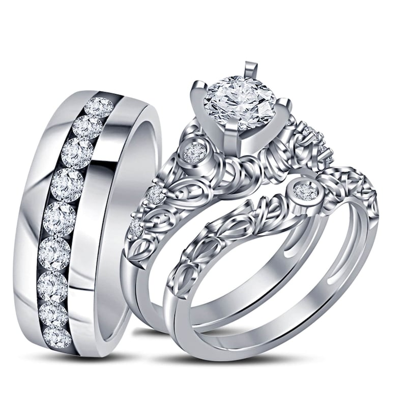 Bridal Trio Ring Set — Diamond/Moissanite, White Gold Finish, 925 Sterling Silver (3-Piece) - view 1
