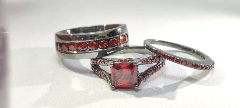 Bridal Trio Ring Set — Princess Cut Red Garnet, Black Gold Finish, 925 Sterling Silver (3-Piece) - view 3