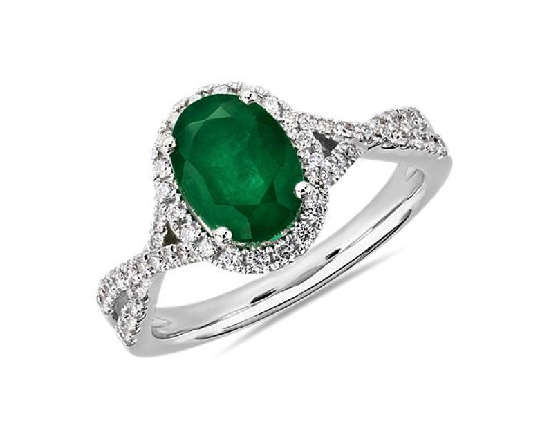 Engagement Ring — Oval Emerald Halo Twist, Yellow Gold Finish, 925 Sterling Silver