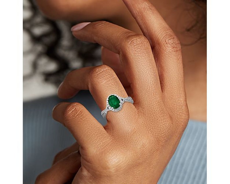 Engagement Ring — Oval Emerald Halo Twist, Yellow Gold Finish, 925 Sterling Silver