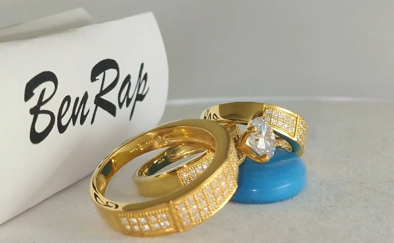 Bridal Trio Ring Set - Sparkling Diamond, Yellow Gold Finish - view 3