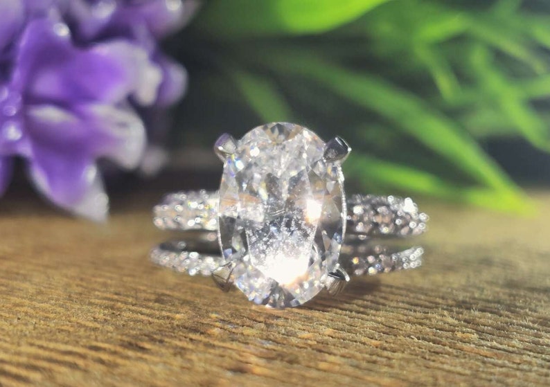 Bridal Ring Set — Oval Cut Moissanite, White Gold Finish, 925 Sterling Silver (2-Piece)