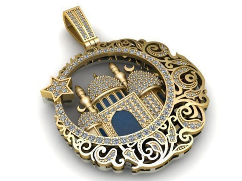 Hip Hop Pendant — Allah Mosque Medallion, Yellow Gold Finish, 925 Sterling Silver