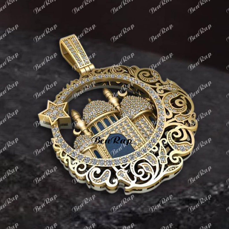 Hip Hop Pendant — Allah Mosque Medallion, Yellow Gold Finish, 925 Sterling Silver