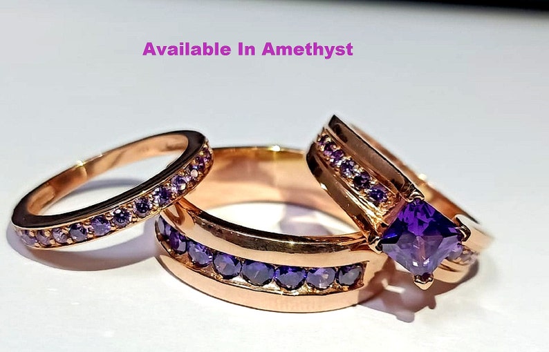 Bridal Trio Ring Set - Princess Cut Amethyst, Rose Gold Finish - view 1
