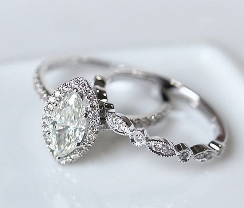 Marquise Cut Diamond Engagement Wedding Halo Ring Set Women, 14K White Gold Finish Bridal Ring Set, Fashion Ring, 925 Sterling Sliver