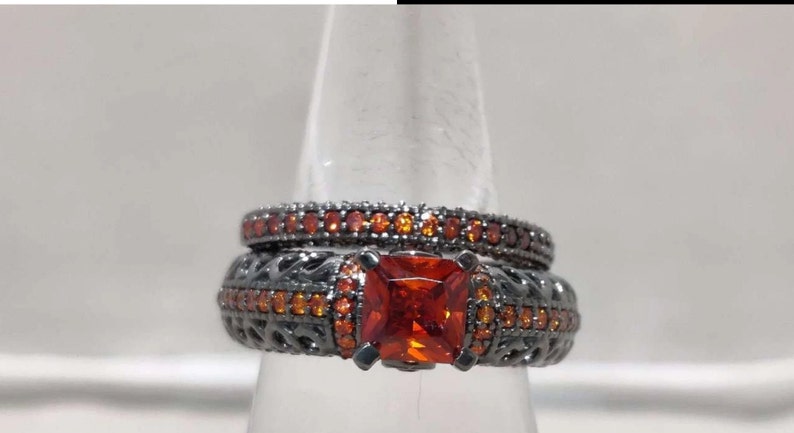 Bridal Ring Set — Princess Cut Orange Sapphire, Black Gold Finish, 925 Sterling Silver (2-Piece)