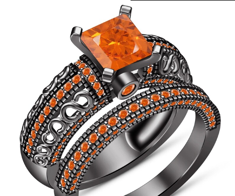 Bridal Ring Set — Princess Cut Orange Sapphire, Black Gold Finish, 925 Sterling Silver (2-Piece)