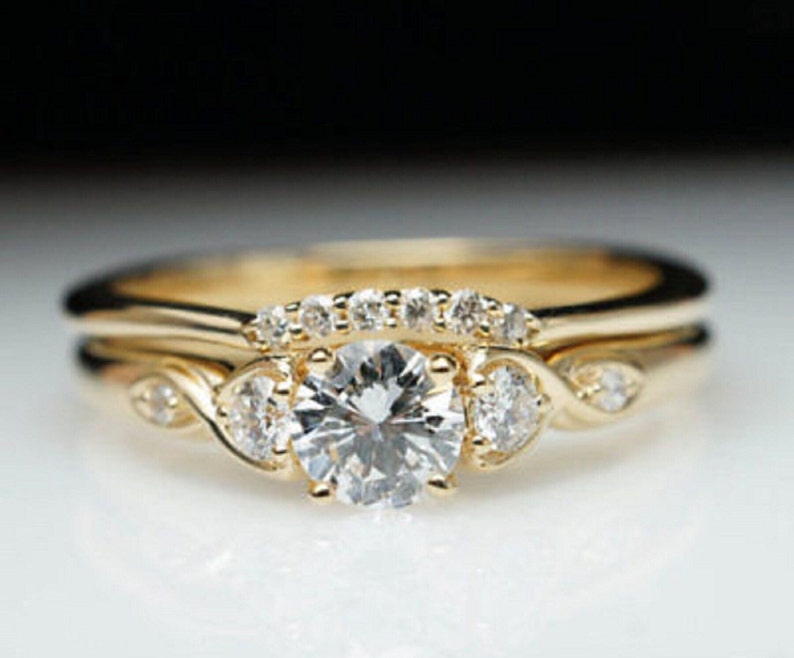 Bridal Ring Set — Round Cut Halo Moissanite, Yellow Gold Finish, 925 Sterling Silver (2-Piece)