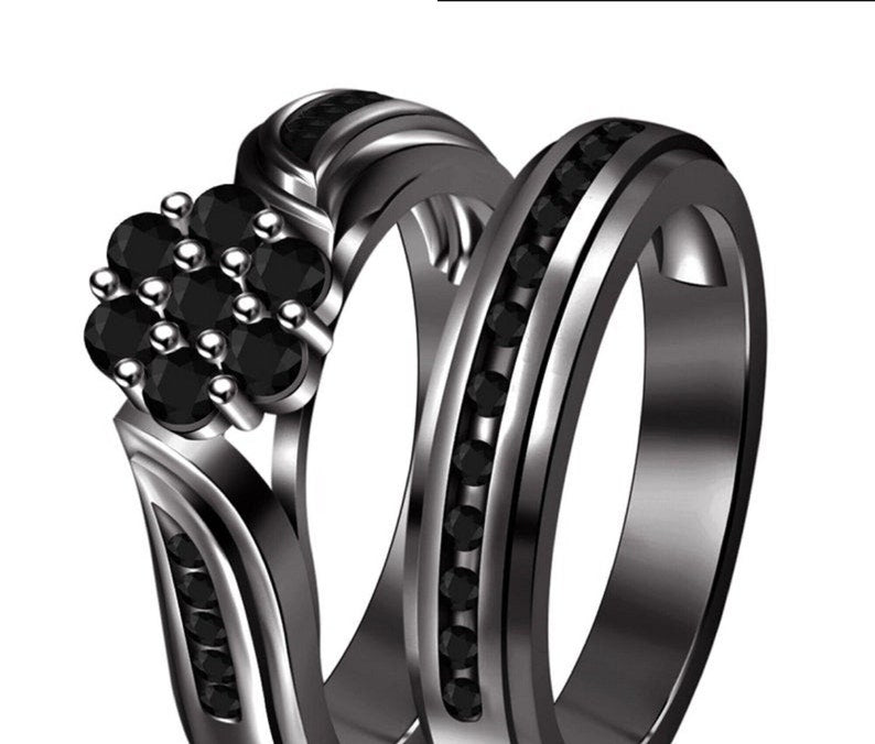 Bridal Ring Set — Round Cut Diamond, Black Gold Finish, 925 Sterling Silver (2-Piece)
