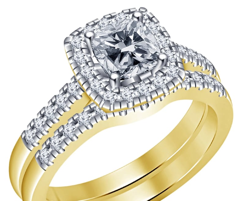 Bridal Ring Set — Cushion Cut Moissanite Halo, Yellow Gold Finish, 925 Sterling Silver (2-Piece)