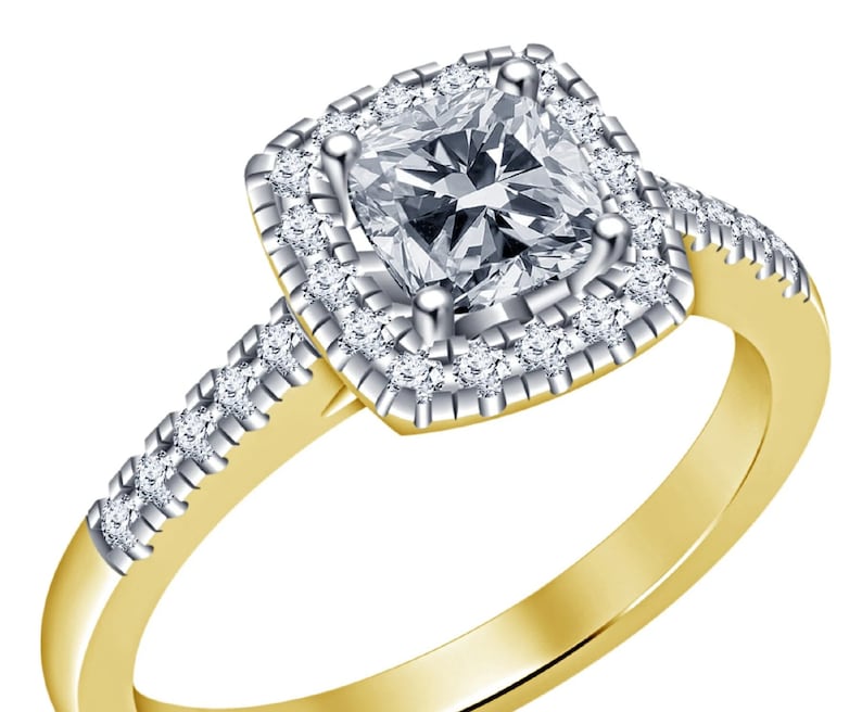 Bridal Ring Set — Cushion Cut Moissanite Halo, Yellow Gold Finish, 925 Sterling Silver (2-Piece)