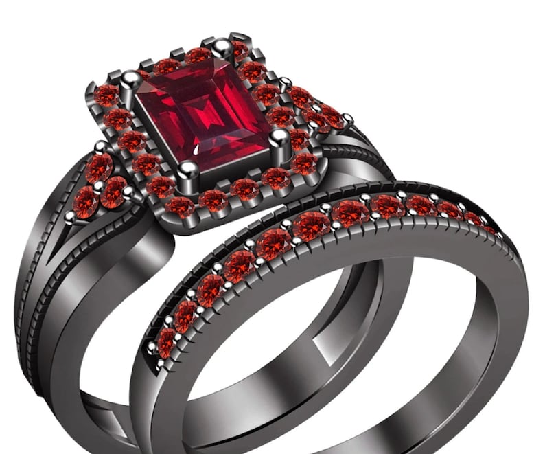 Bridal Ring Set — Emerald Cut Red Garnet Moissanite