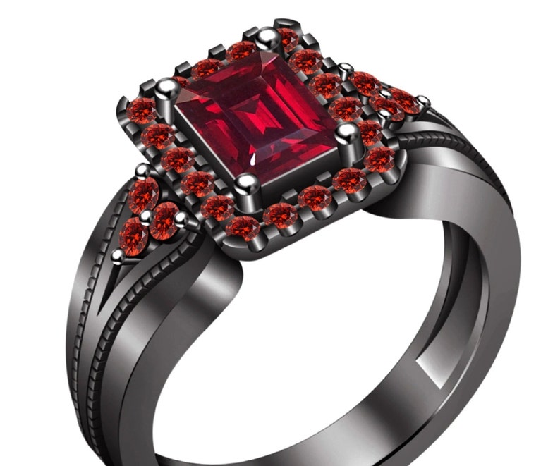 Bridal Ring Set — Emerald Cut Red Garnet Moissanite