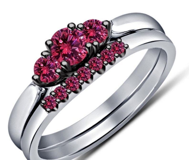 Bridal Ring Set — Round Cut Red Sapphire, Yellow Gold Finish, 925 Sterling Silver (2-Piece)