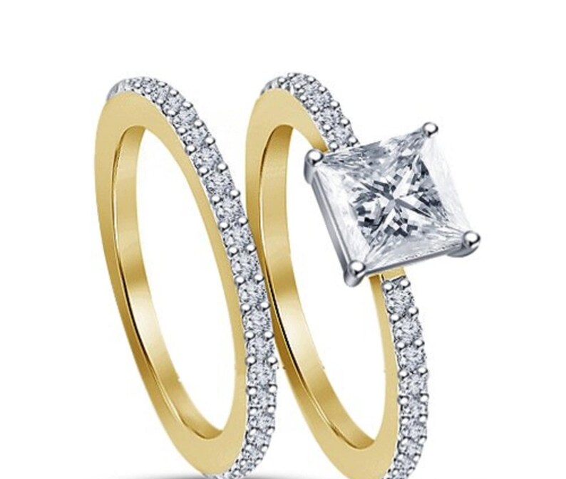 Bridal Ring Set — Princess Cut Band II, Yellow Gold Finish, 925 Sterling Silver (2-Piece)