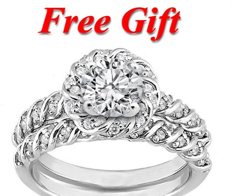 Bridal Ring Set — Round Flower Moissanite, White Gold Finish, 925 Sterling Silver (2-Piece)