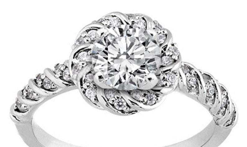 Bridal Ring Set — Round Flower Moissanite, White Gold Finish, 925 Sterling Silver (2-Piece)