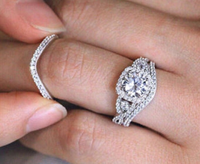 Elegant Moissanite Round Cut Bridal Ring Set, Unique Women Bridal Ring Set, 14K White Gold Over Engagement Wedding Ring 925 Sterling Silver