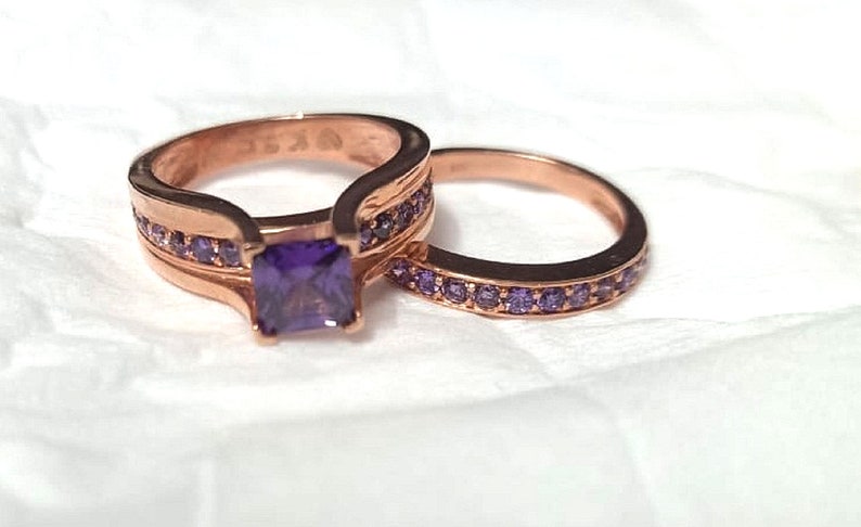 Bridal Trio Ring Set - Princess Cut Amethyst, Rose Gold Finish - view 2