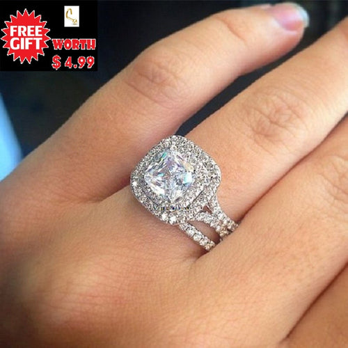 14K White Gold Finish Cushion Cut Double Halo Moissanite Bridal Set, Women Diamond Engagement Wedding Band Ring, Mother's Day Gift Ring