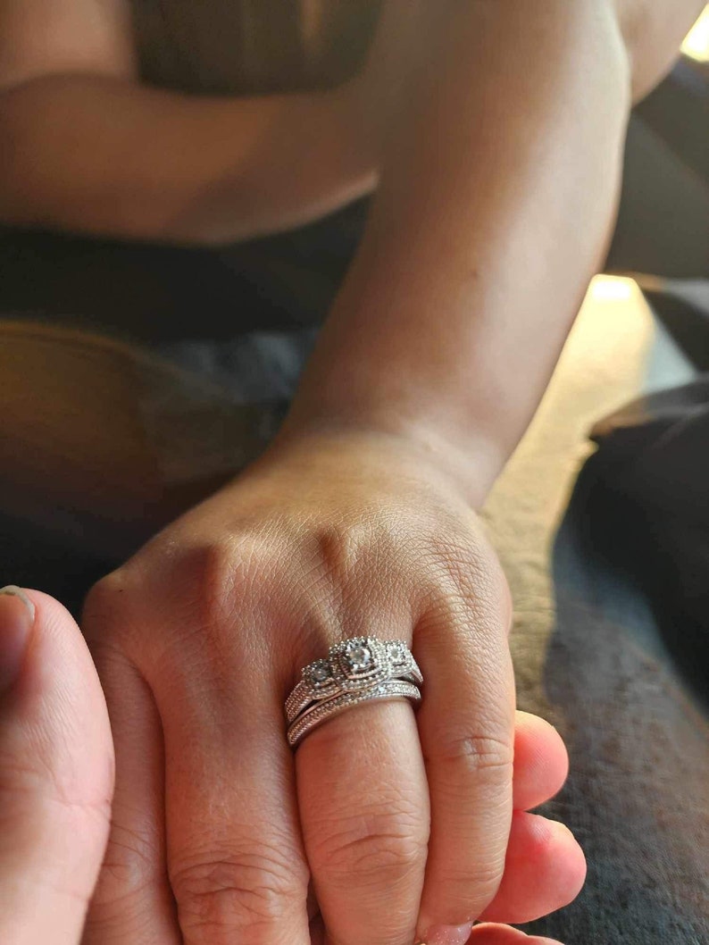Bridal Ring Set — 3-Stone Past Present Future Moissanite